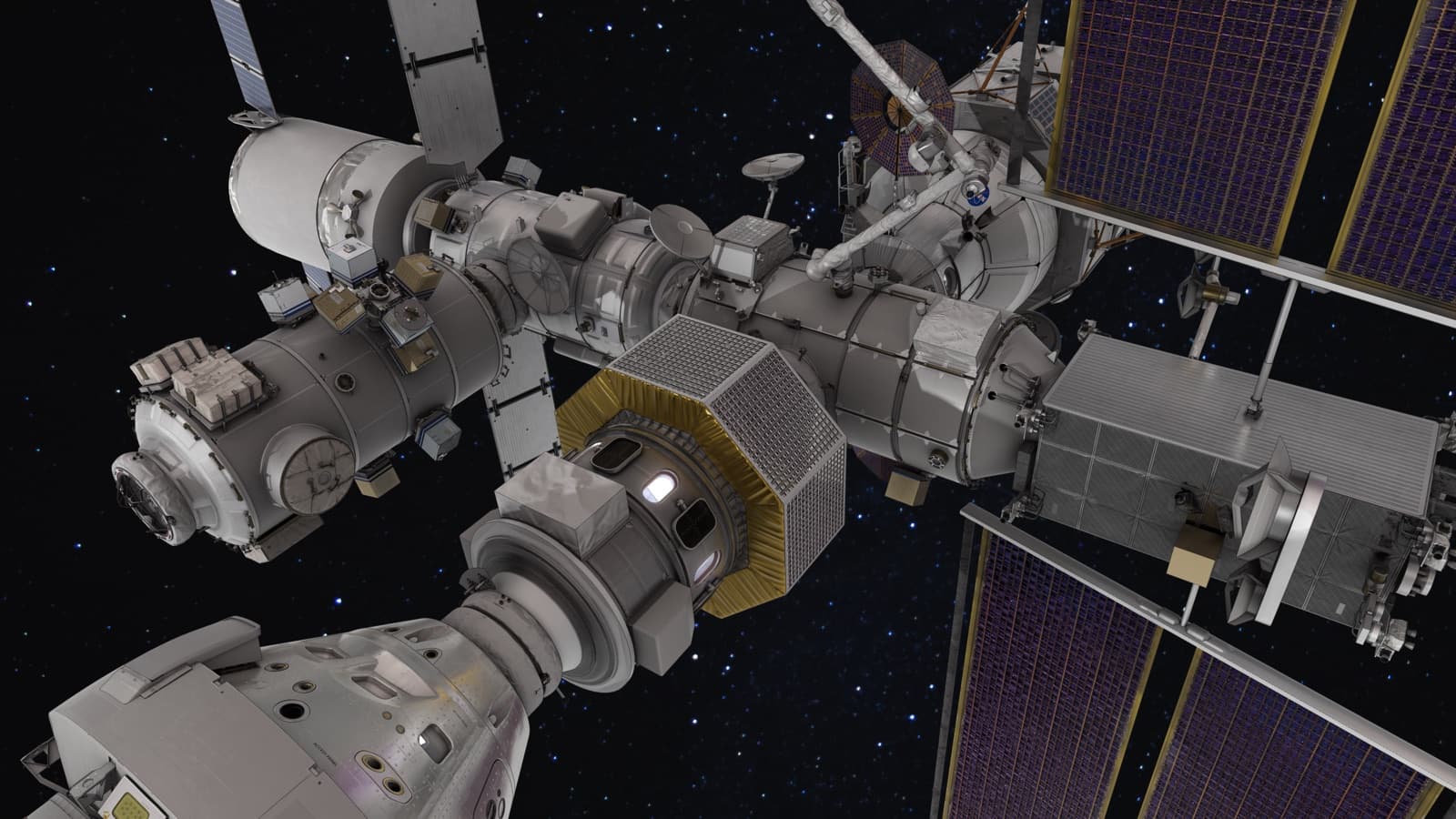 Gateway as designed: the full station with PPE, HALO, I-Hab, Lunar View, the UAE airlock and Canadarm3