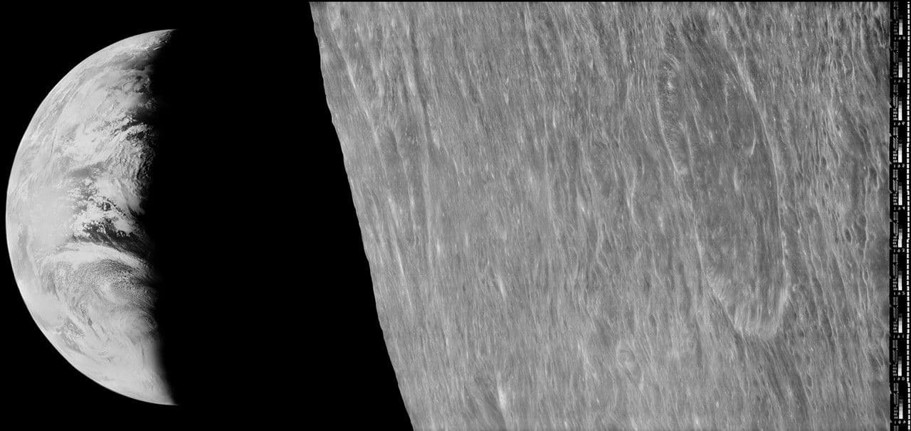 Lunar Orbiter 1's Earthrise of August 23, 1966, restored decades later from the original tapes
