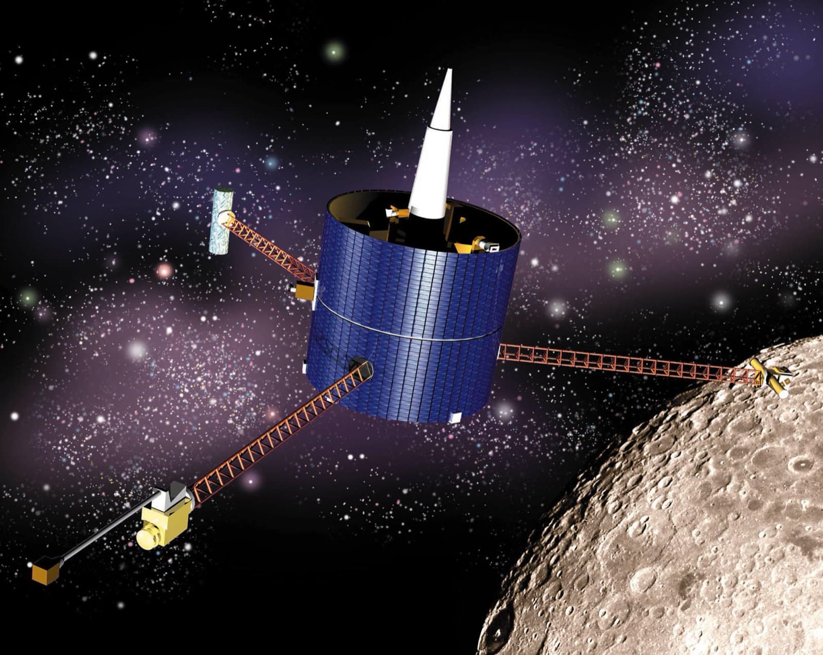 Lunar Prospector over the Moon with its three instrument booms deployed (artist's concept)