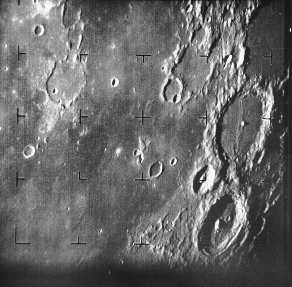 Ranger 7's first frame of the Moon, 31 July 1964: the first US close-up of another world
