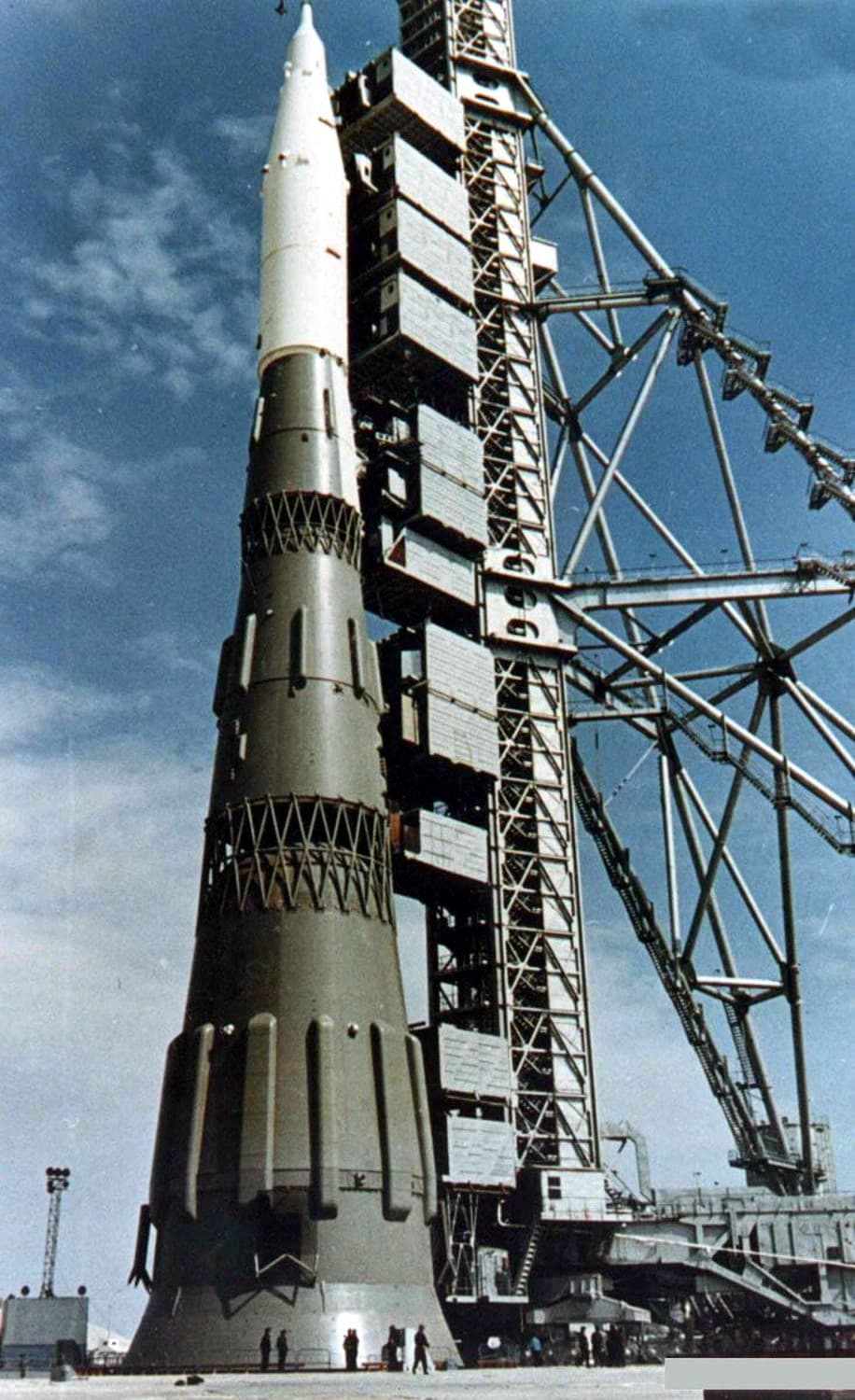 A full-scale N1 mockup on its Baikonur launch pad in late 1967, the Soviet answer to the Saturn V