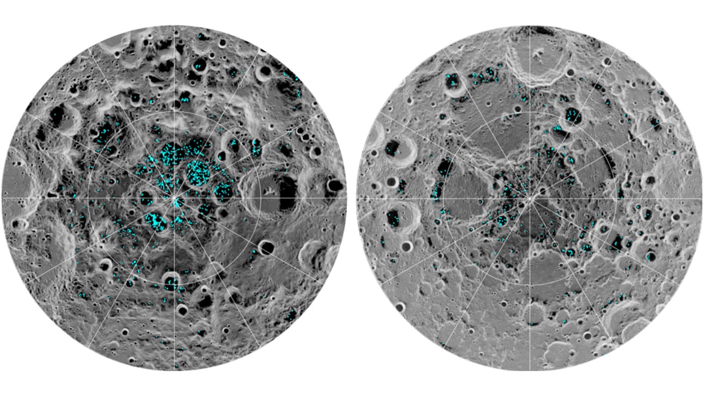 Data map: surface water ice detected by the Moon Mineralogy Mapper (blue) at the south pole (left) and north pole (right), plotted over a greyscale map of surface temperature in which darker is colder