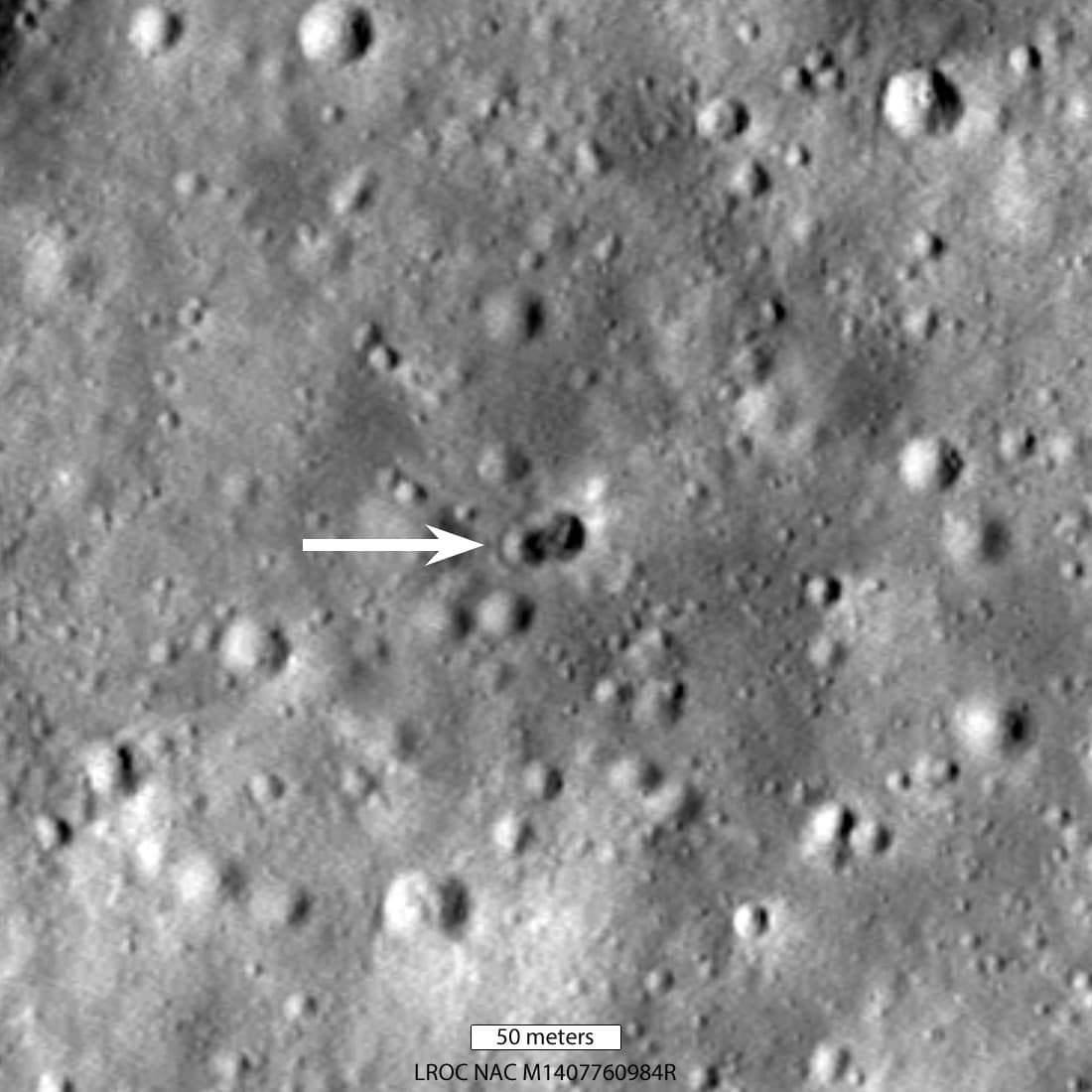 The double crater the rocket body left: an 18 m crater overlapping a 16 m one, about 28 m across in total