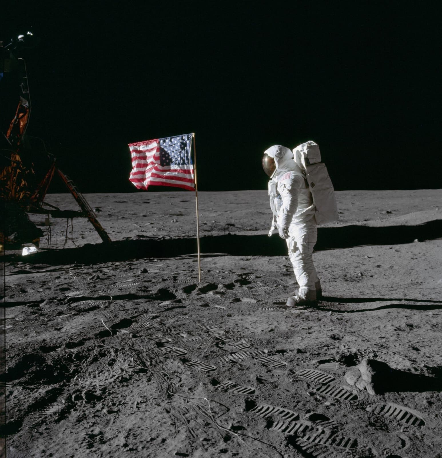 Photograph: Buzz Aldrin beside the US flag at Tranquility Base, 20 July 1969, taken by Neil Armstrong (AS11-40-5875)