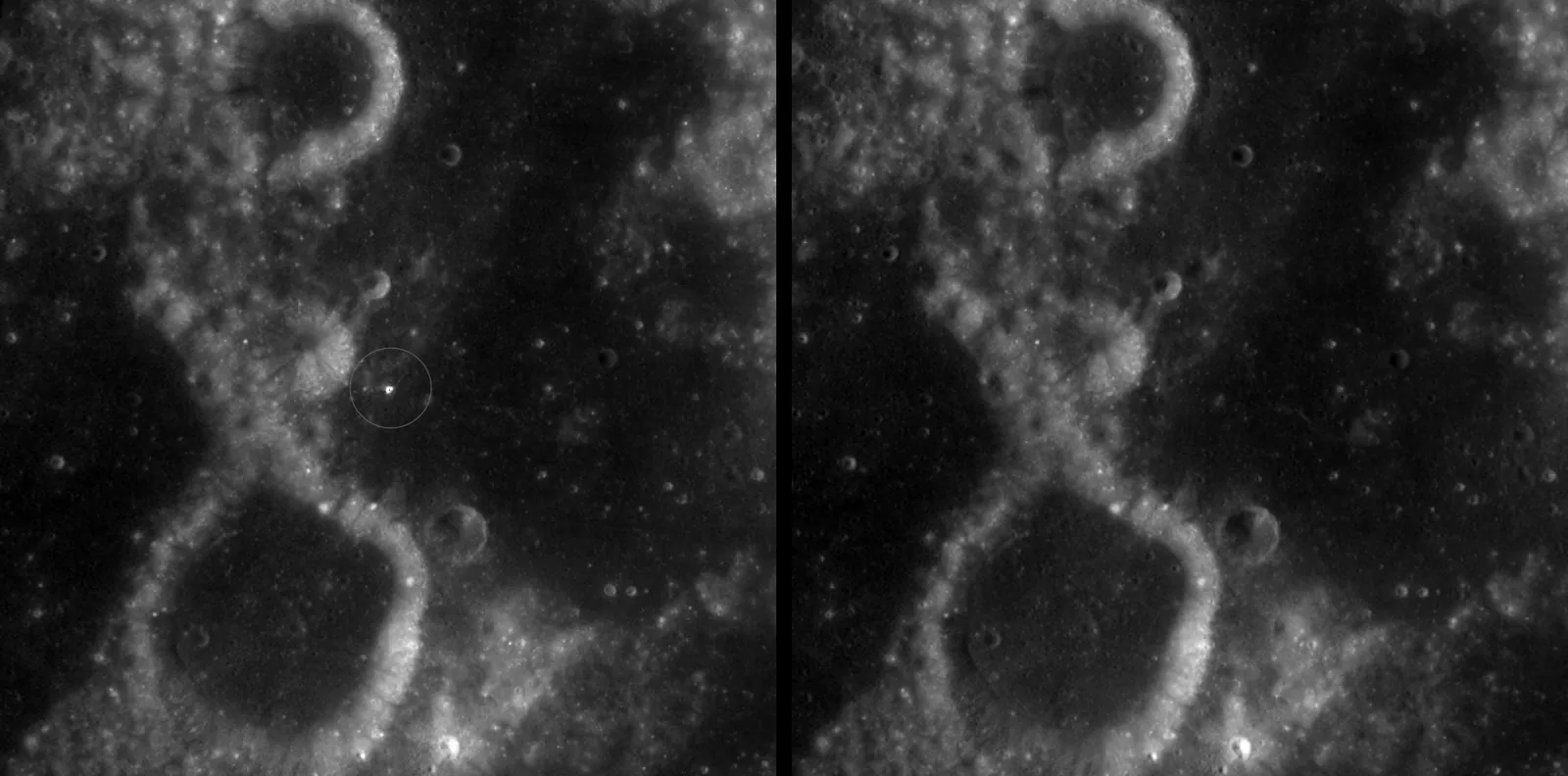 Two side-by-side Wide Angle Camera views of the same dark plains and bright crater rims; the left one has a small white spot inside a thin circle, the right one does not